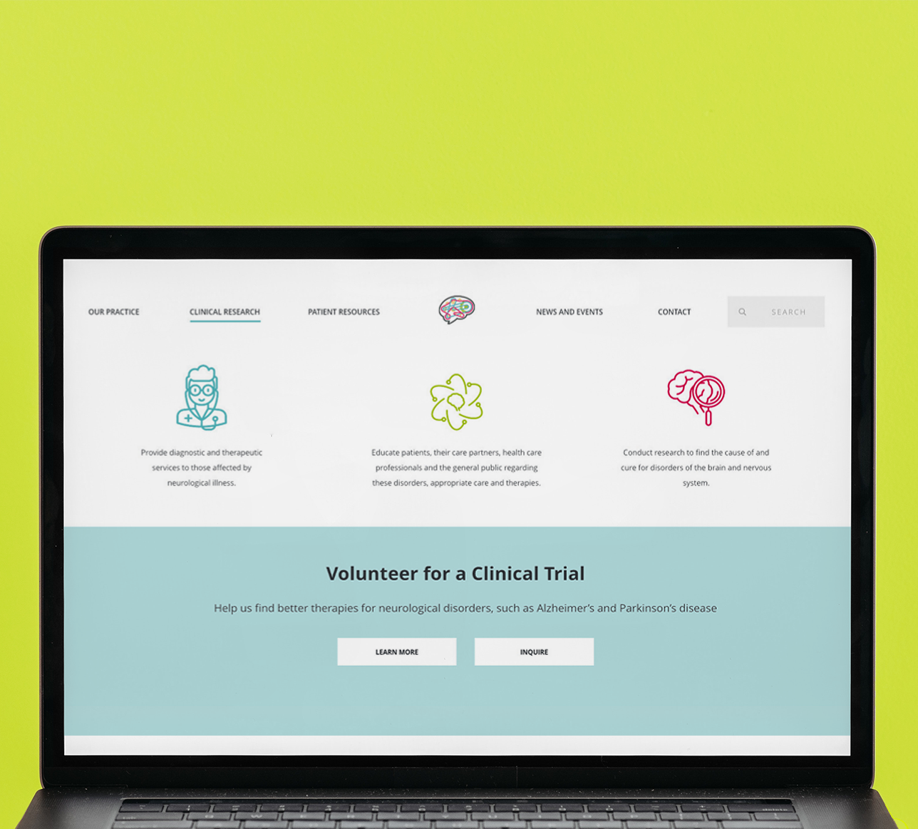 A laptop screen showcasing the UX homepage design for a neurology brand.