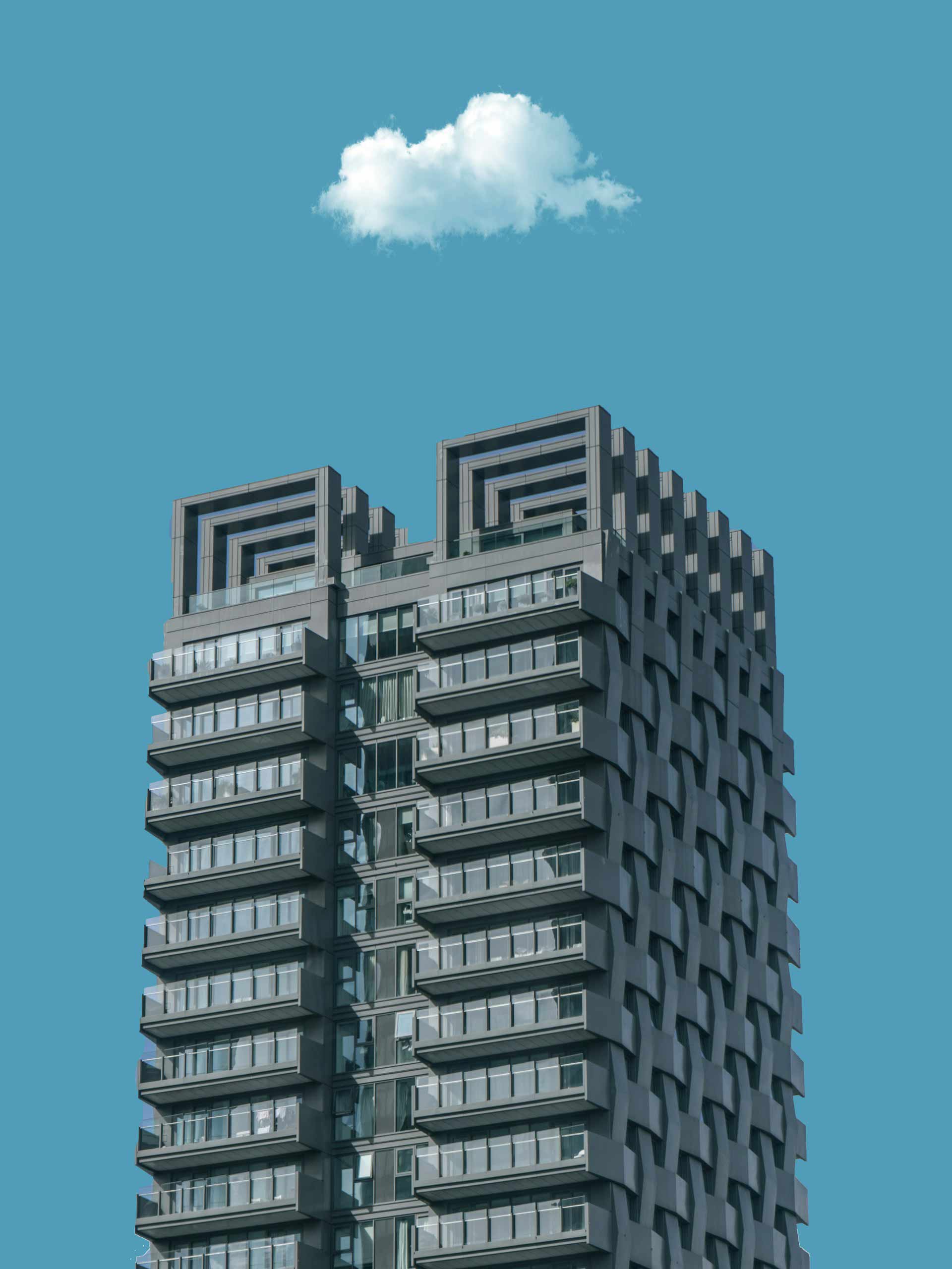 An abstract building with a single cloud hovering above the building.