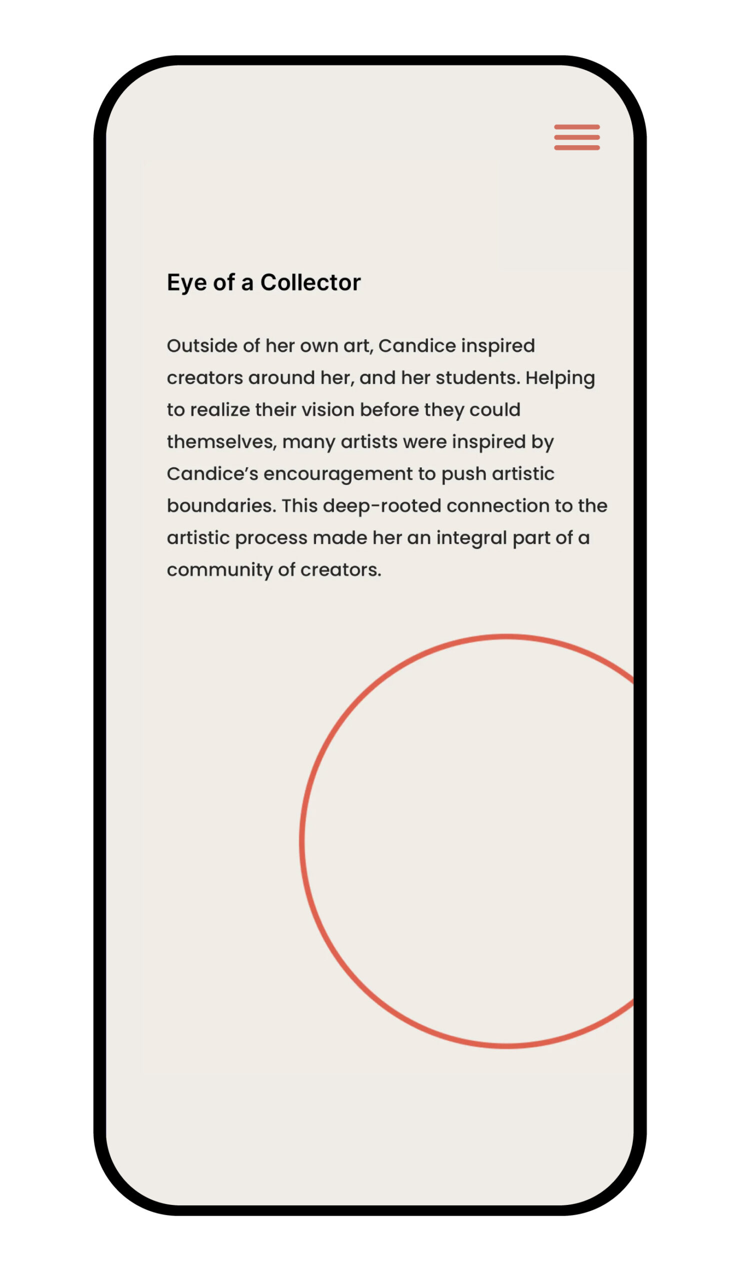 A mobile web design with a graphic of a red circle and text.