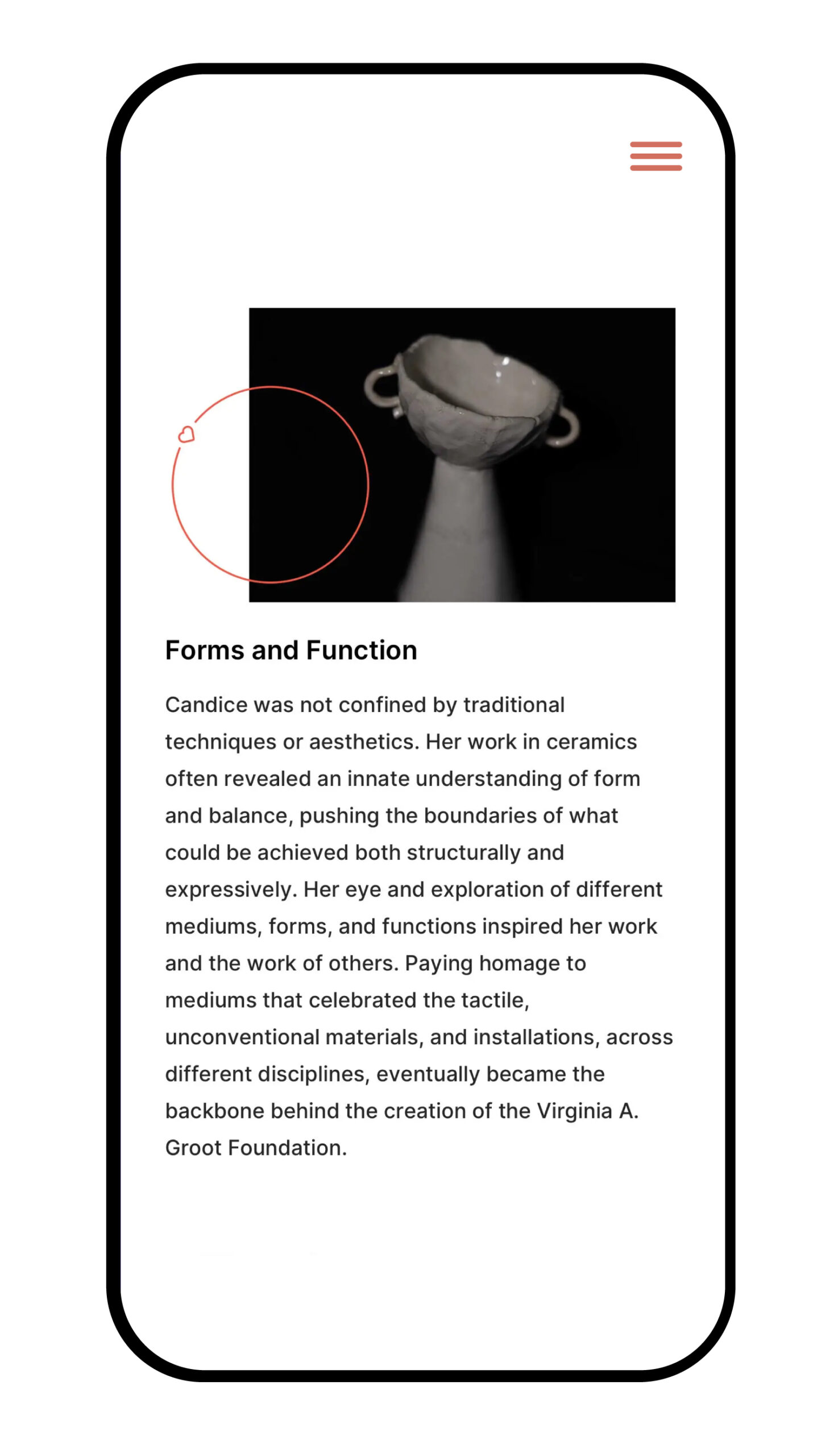 A mobile design for a website with an image of a sculpture and a header.