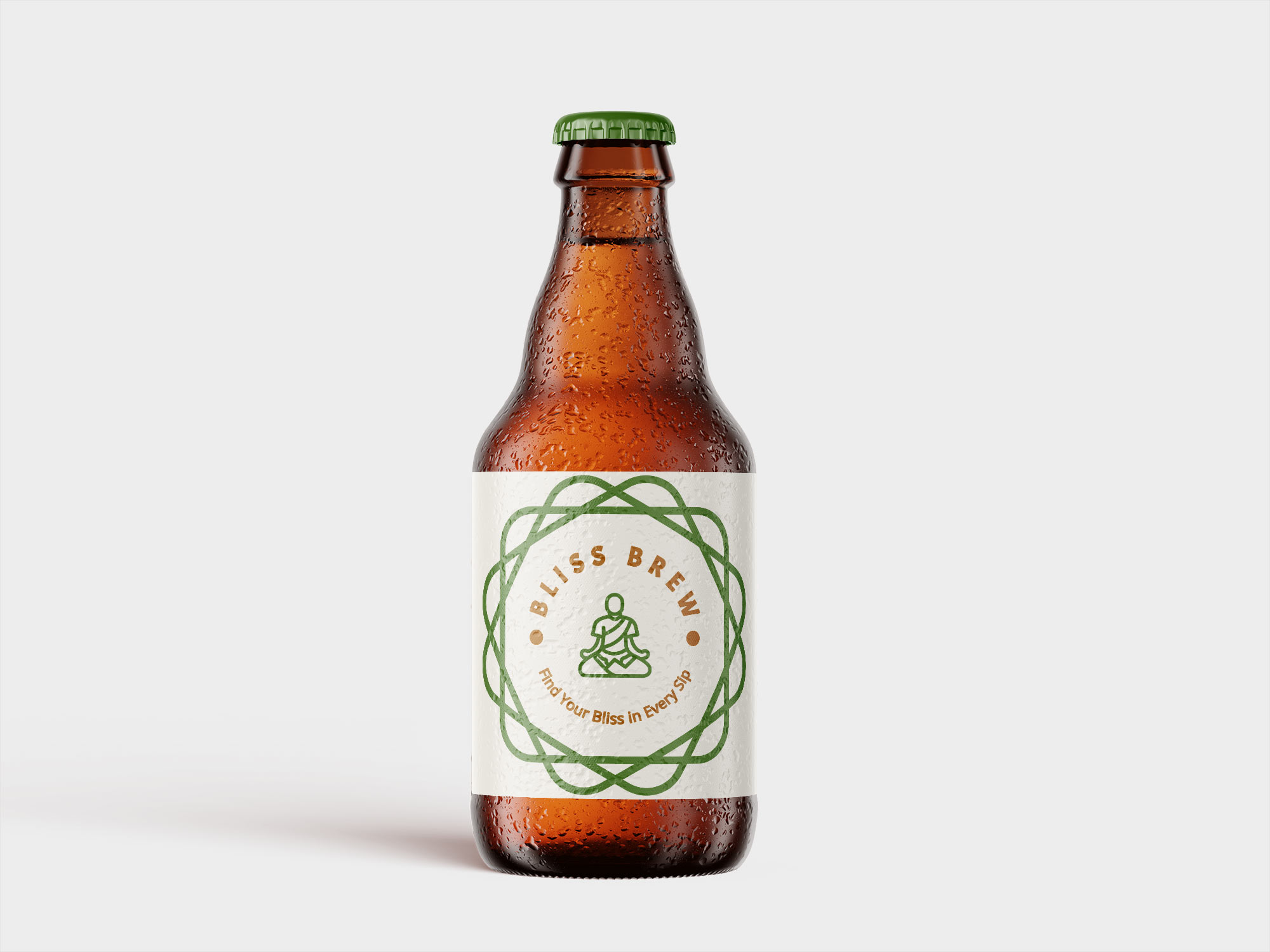 A beer bottle with a logo on it of a person meditating.