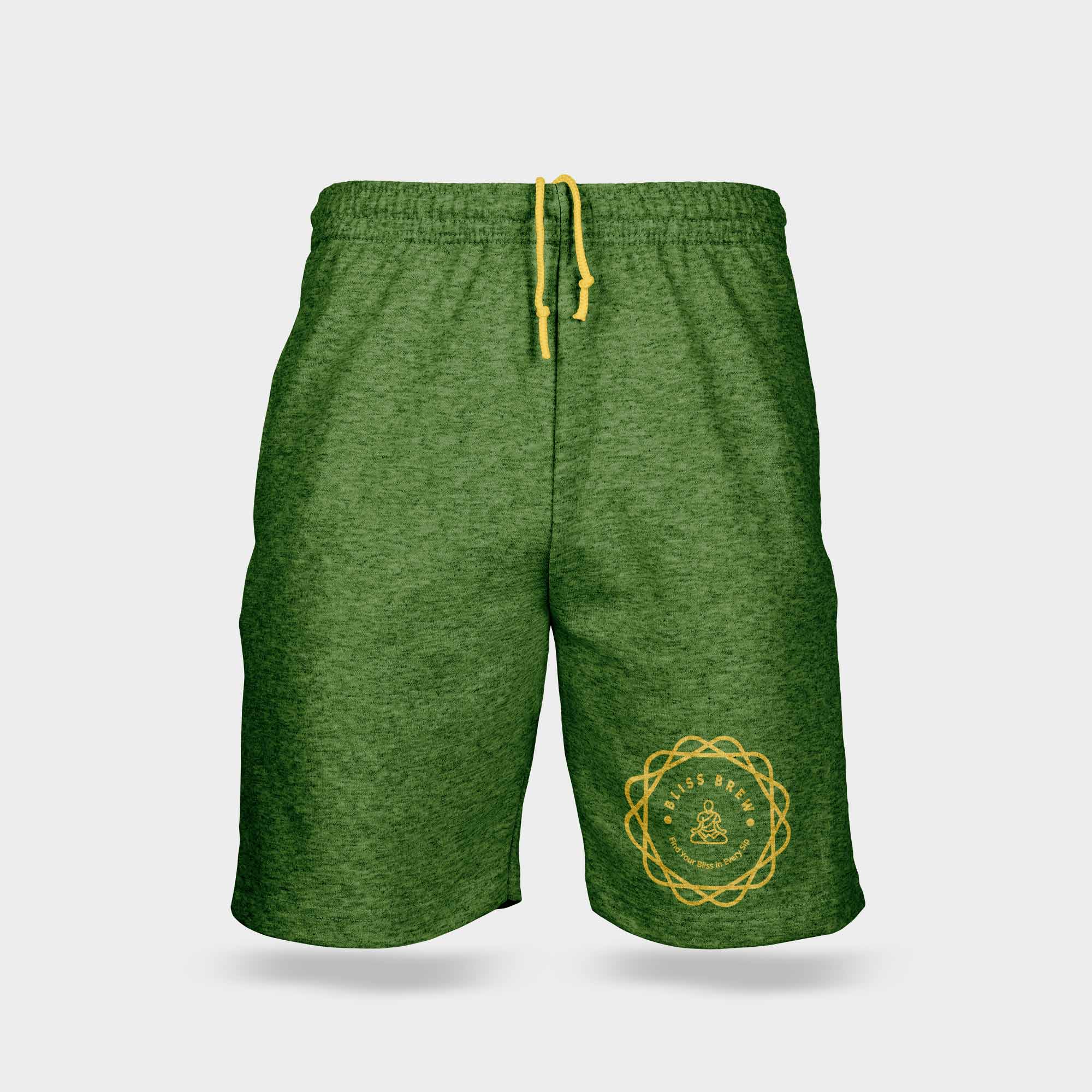 Green shorts with a yellow logo on them.