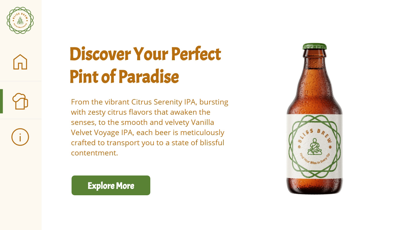 A products page design for a local brewery featuring an image of a beer bottle with a logo on it.