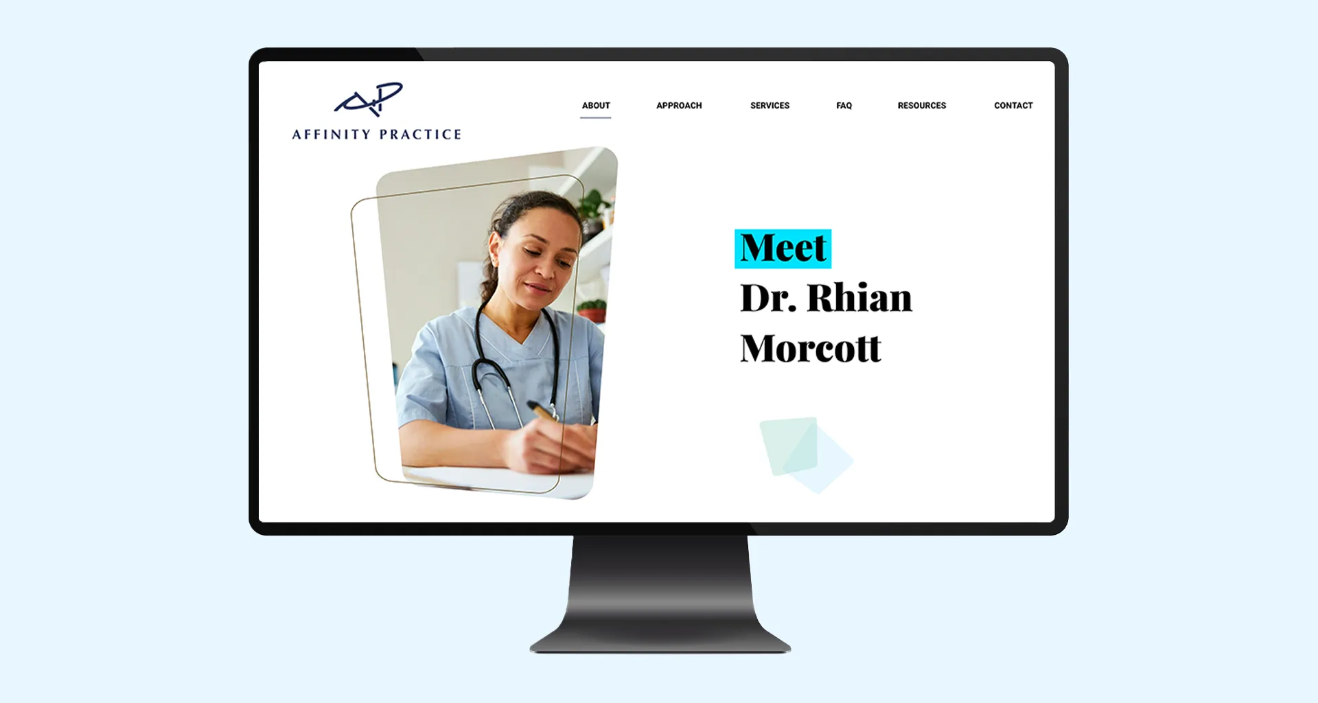 A desktop web design on the About page featuring Dr. Rhian Morcott.