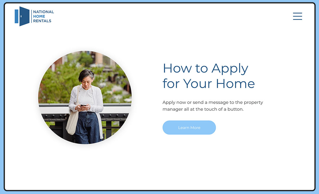 A person looks at a mobile device and text that reads "How to Apply for Your Home" for a desktop UI web design.