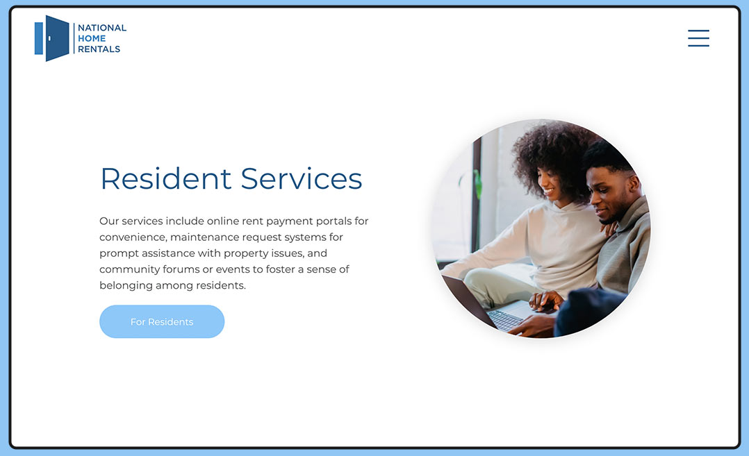 A UI screen that reads "Resident Services" featuring two people in a living room.