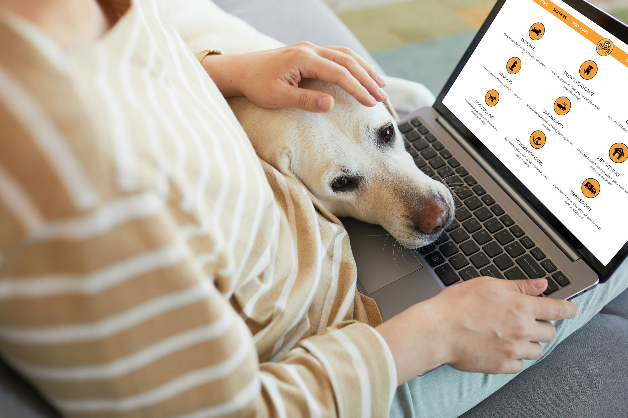A dog on a woman's lap next to a laptop displaying a website home page design.