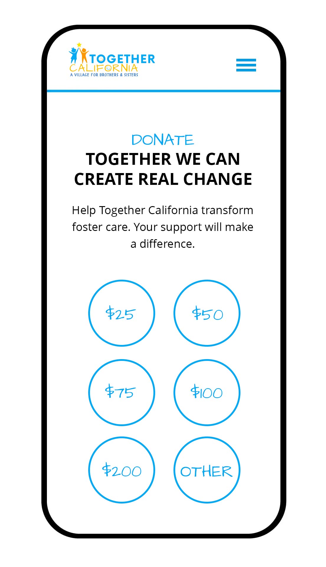 Donation mobile user interface screen with six monetary value options.