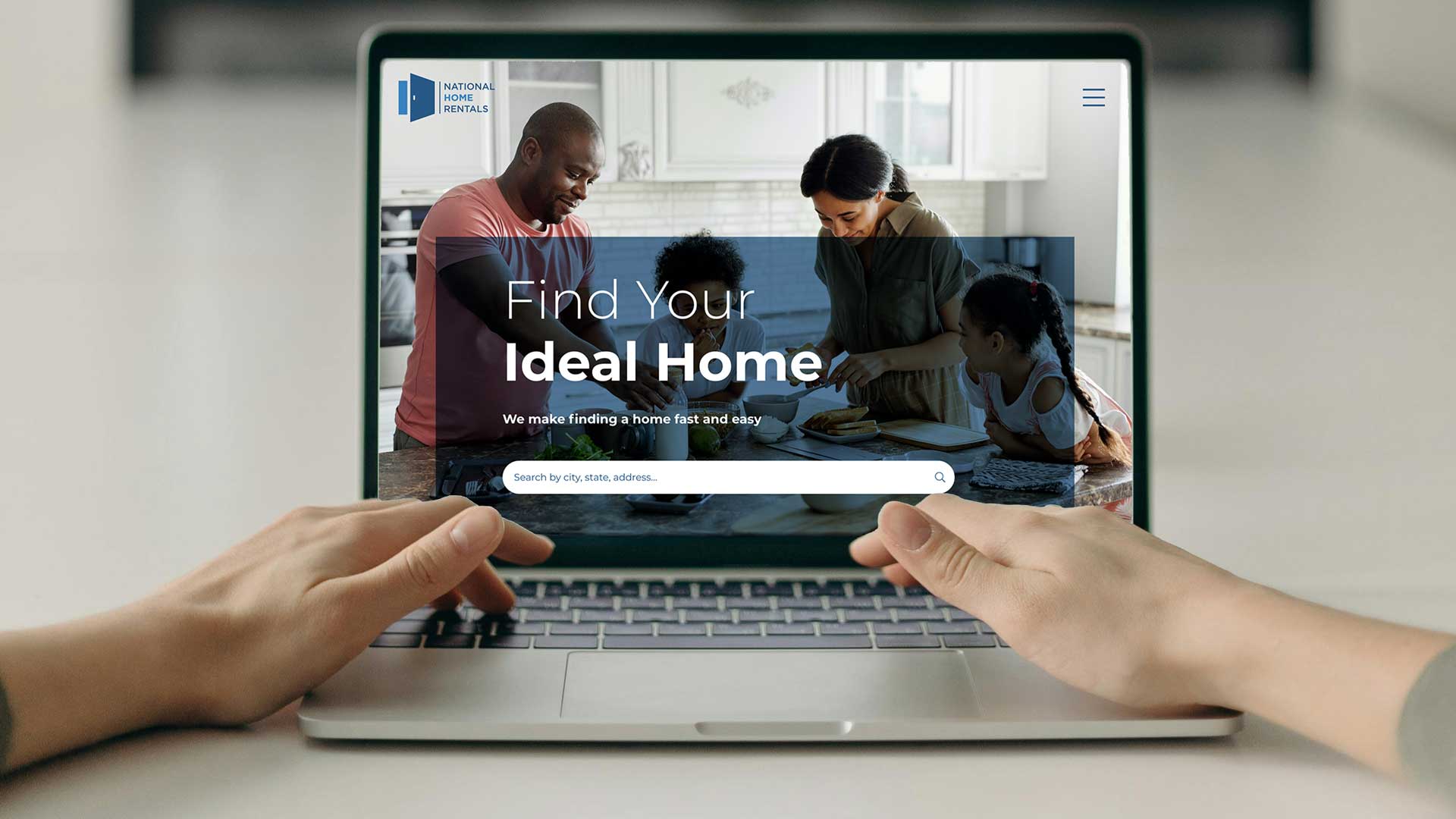 A person types into the UI of the home page web design.