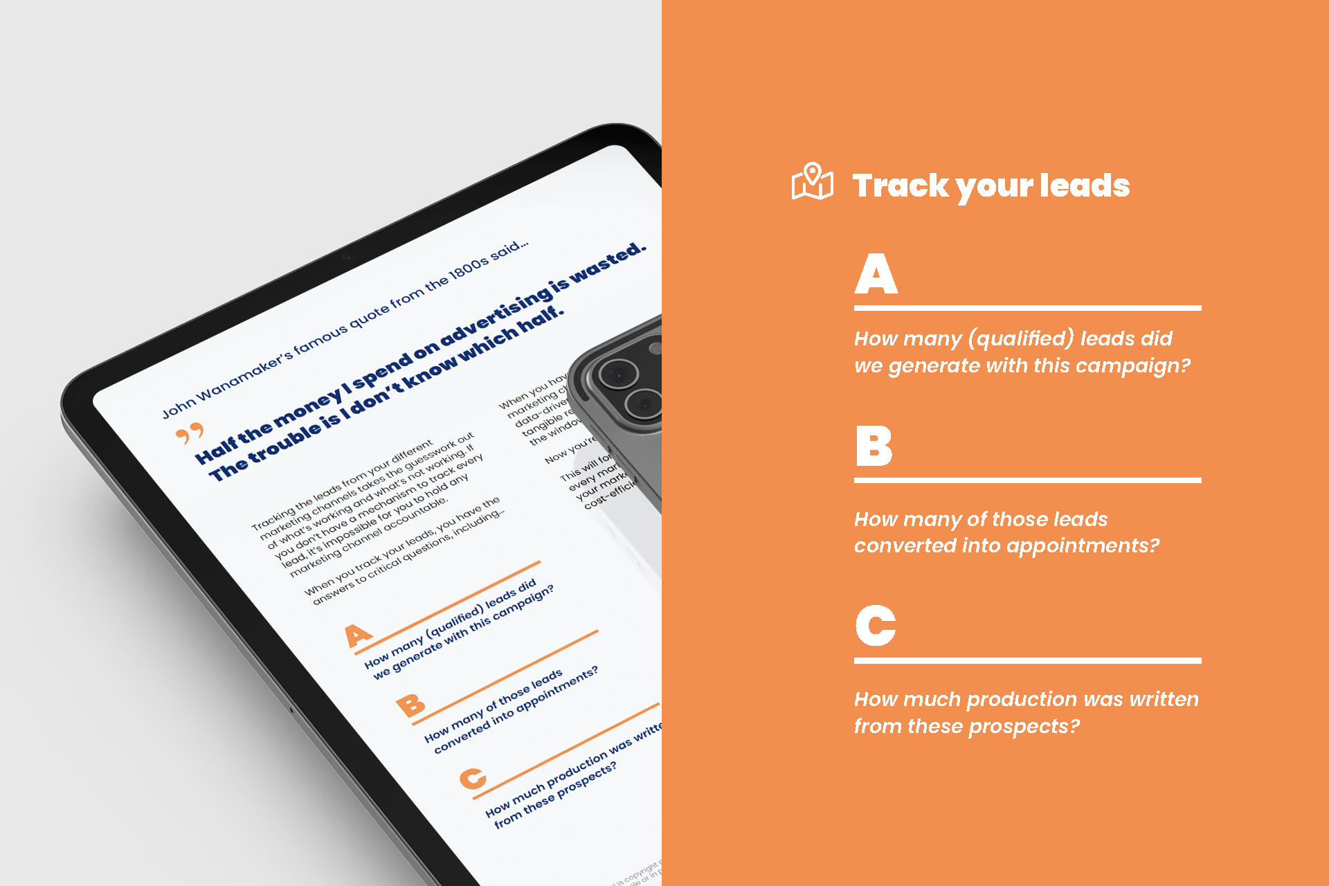 A white paper design on tablet screen side by side with flat design on an orange background.