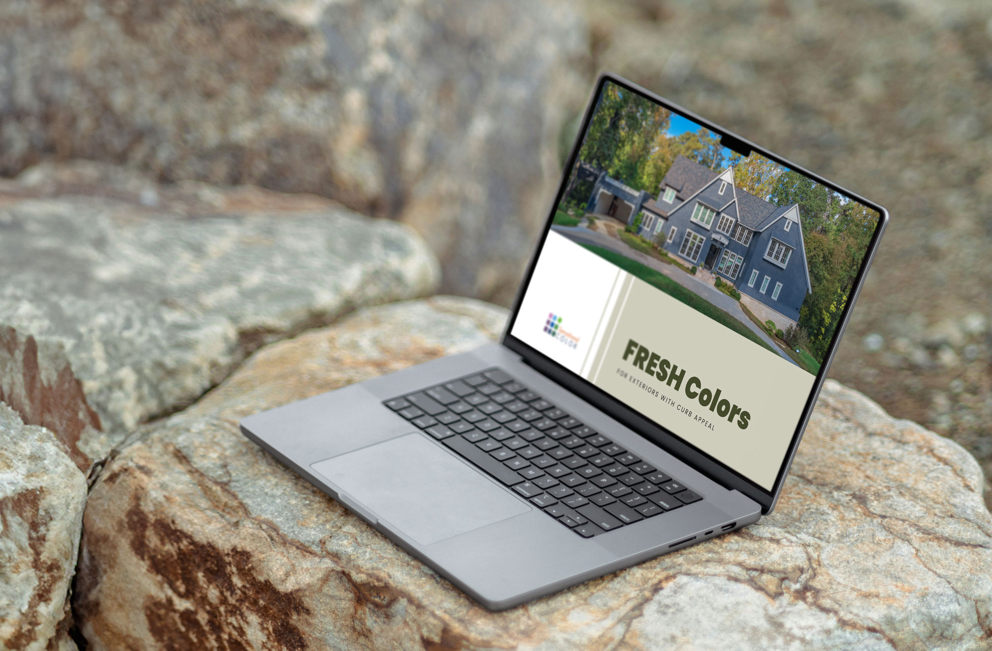 A laptop screen on a rock showcasing a powerpoint deck for a roofing company.