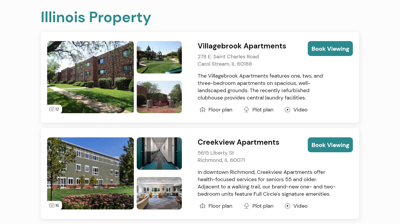 A real estate website showcasing two different Illinois properties.