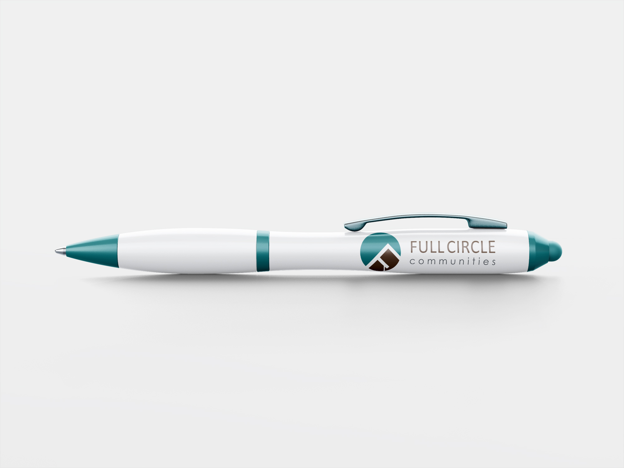 A white and turquoise pen with a company logo on it.