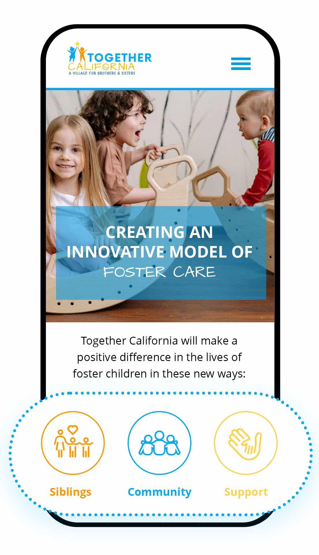 Responsive mobile screen of a website for a non-profit foster care organization.