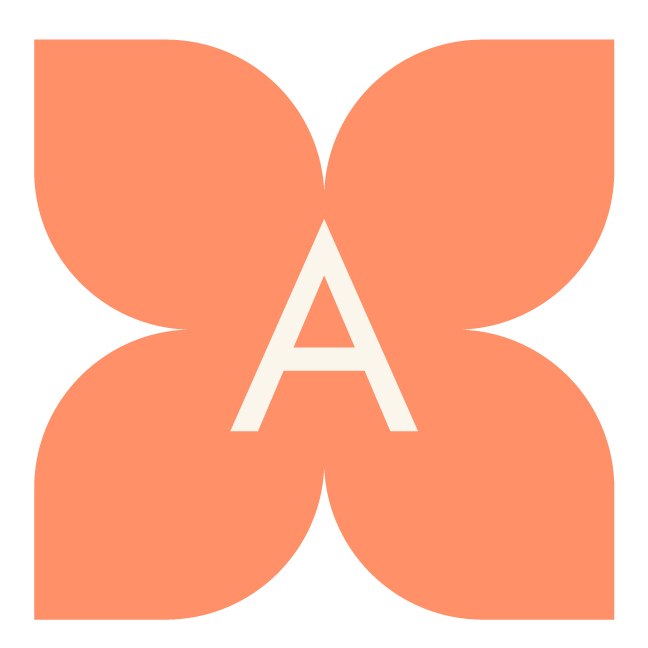 An orange flower-shaped icon with the letter "A" inside.