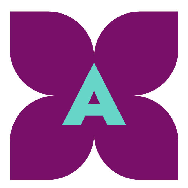 A purple flower-shaped icon with the letter "A" inside.