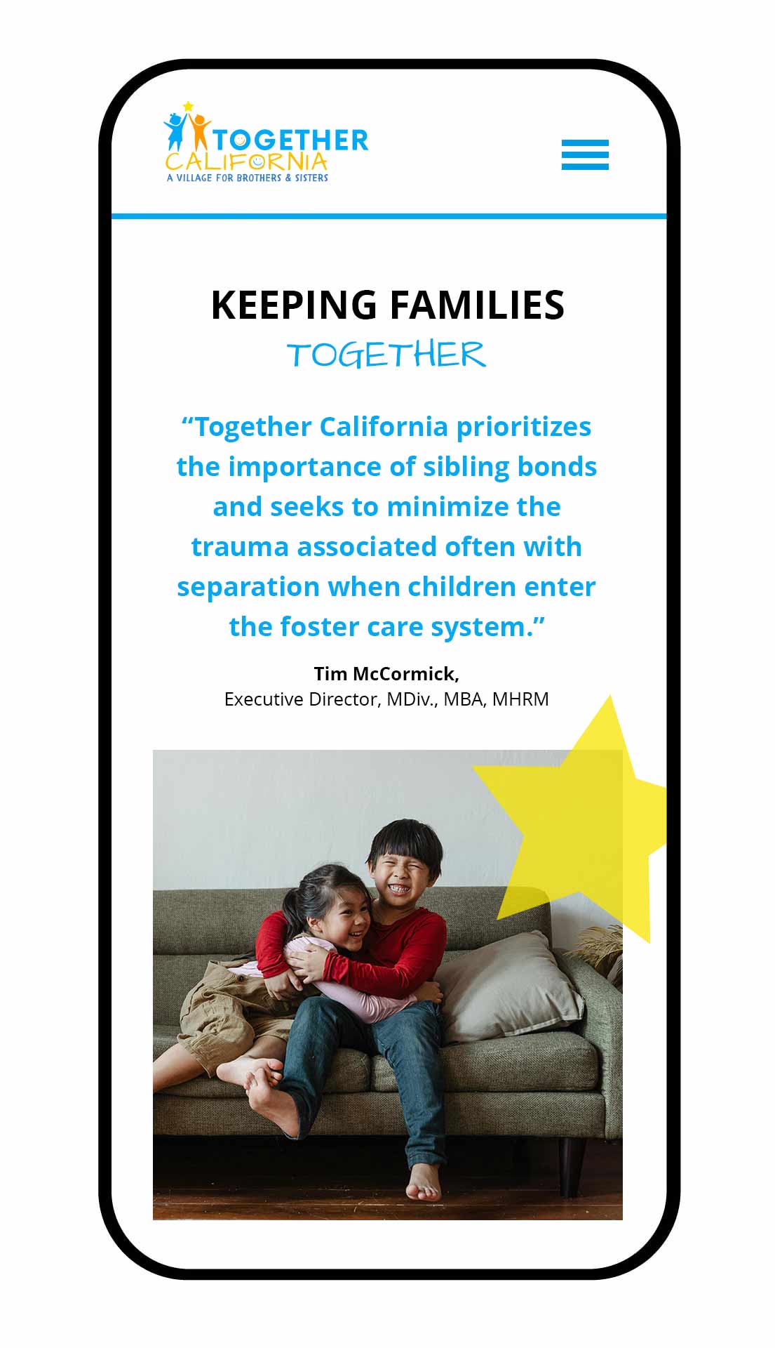 Testimonial landing page for a foster care non-profit organization.