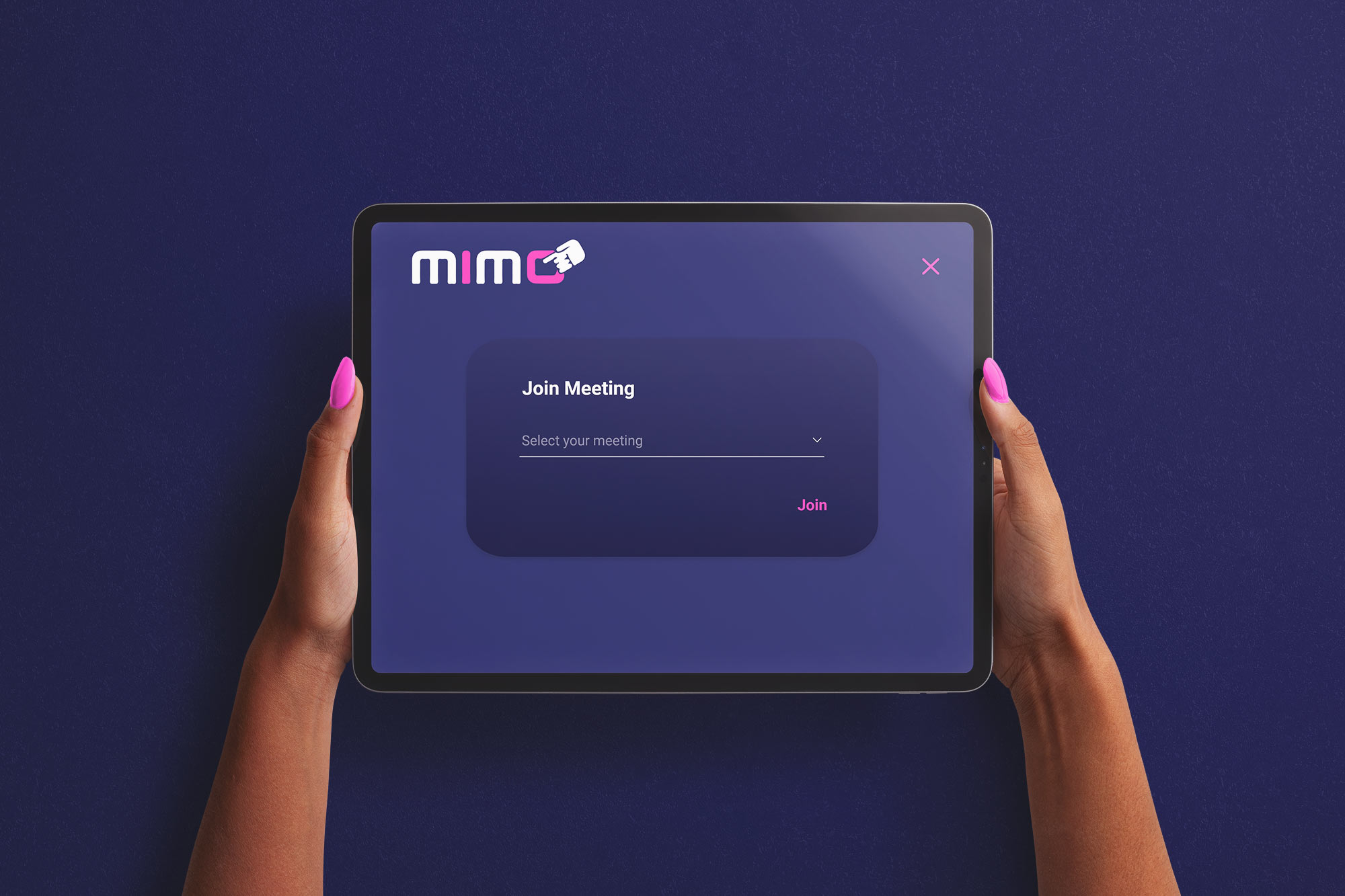 A person with pink nails holding a tablet with a UI for a meeting app on a purple background.