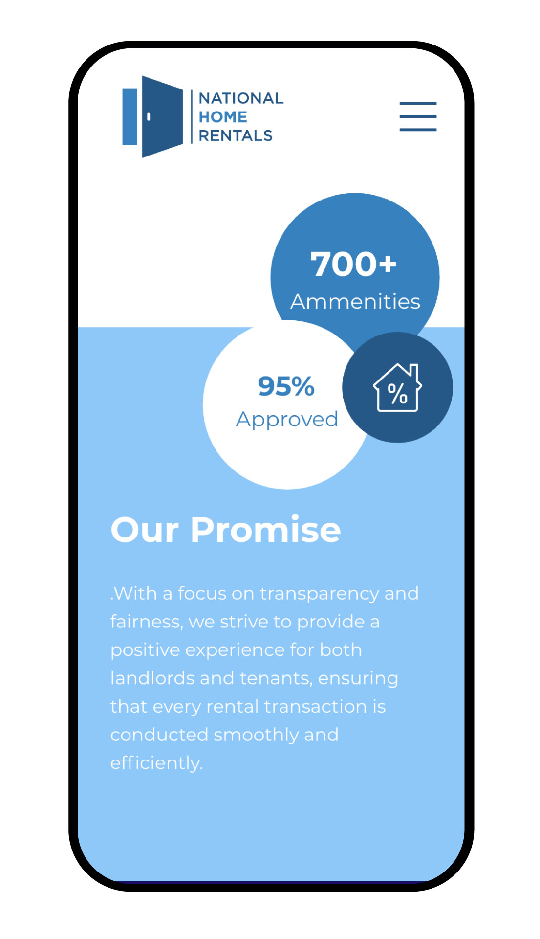 "Our Promise" section of the UI featuring service statistics in small and large circles.