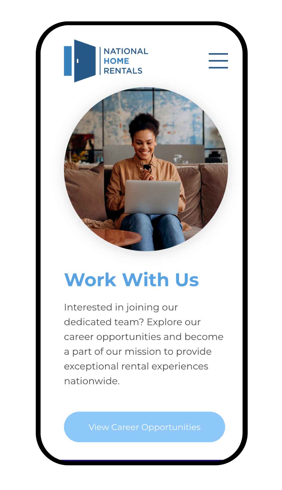 A person smiles while using a laptop the the featured image for the "Work With Us" page.
