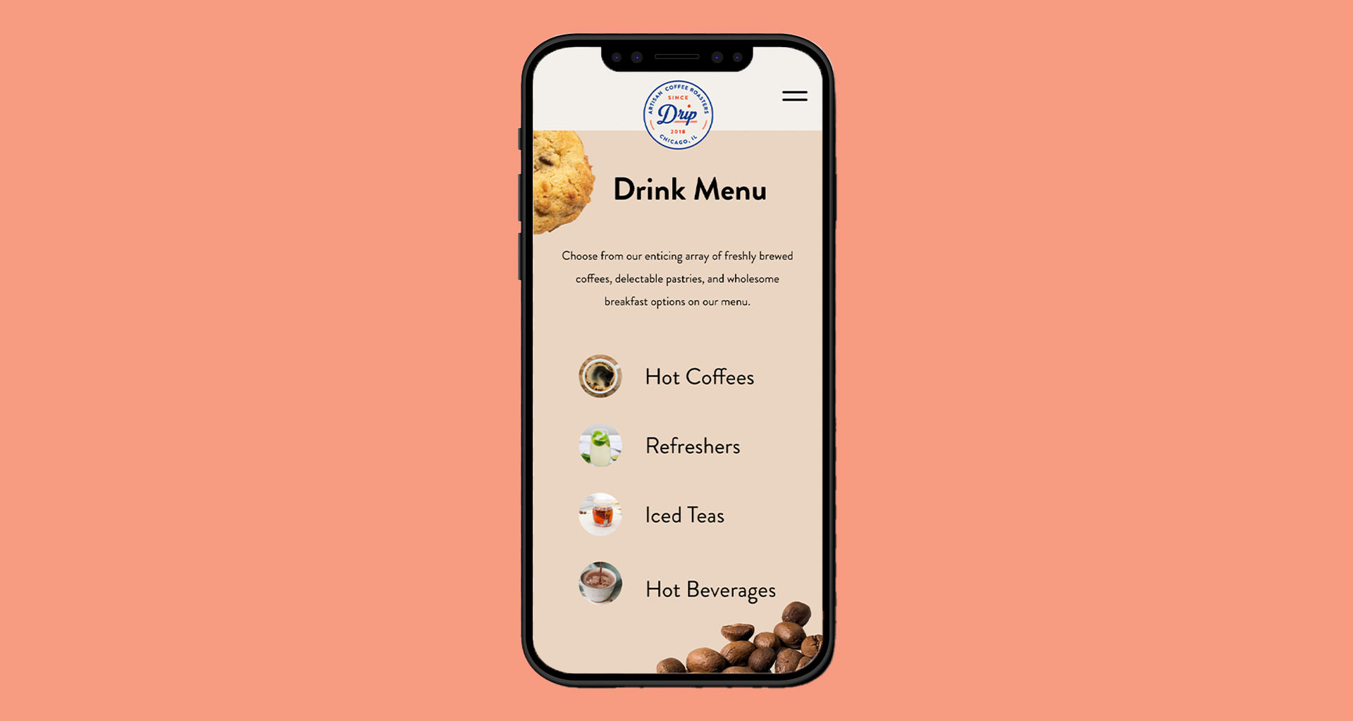 A drink menu mobile UX/UI design.