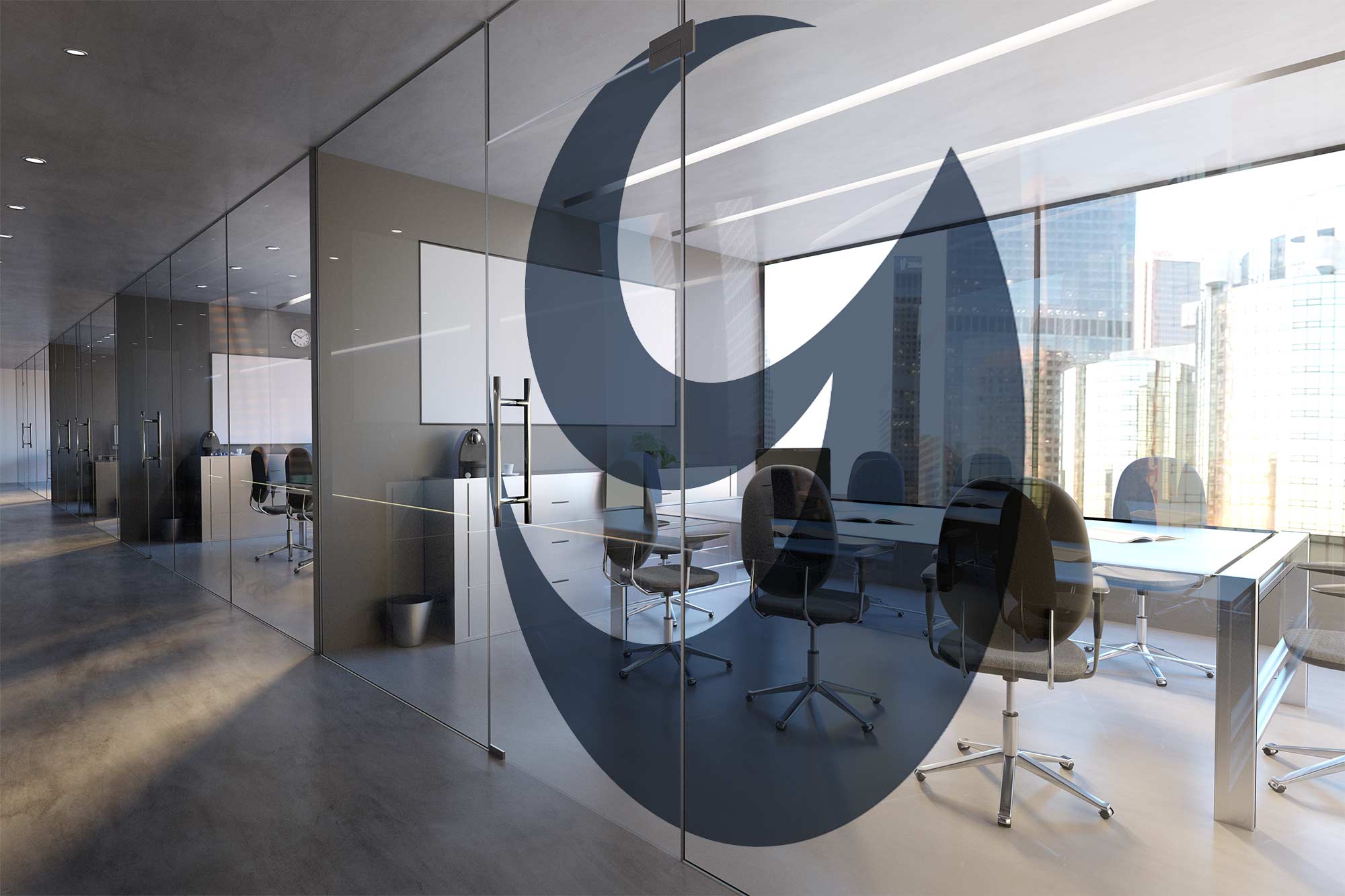 A large logo on a glass office room door.