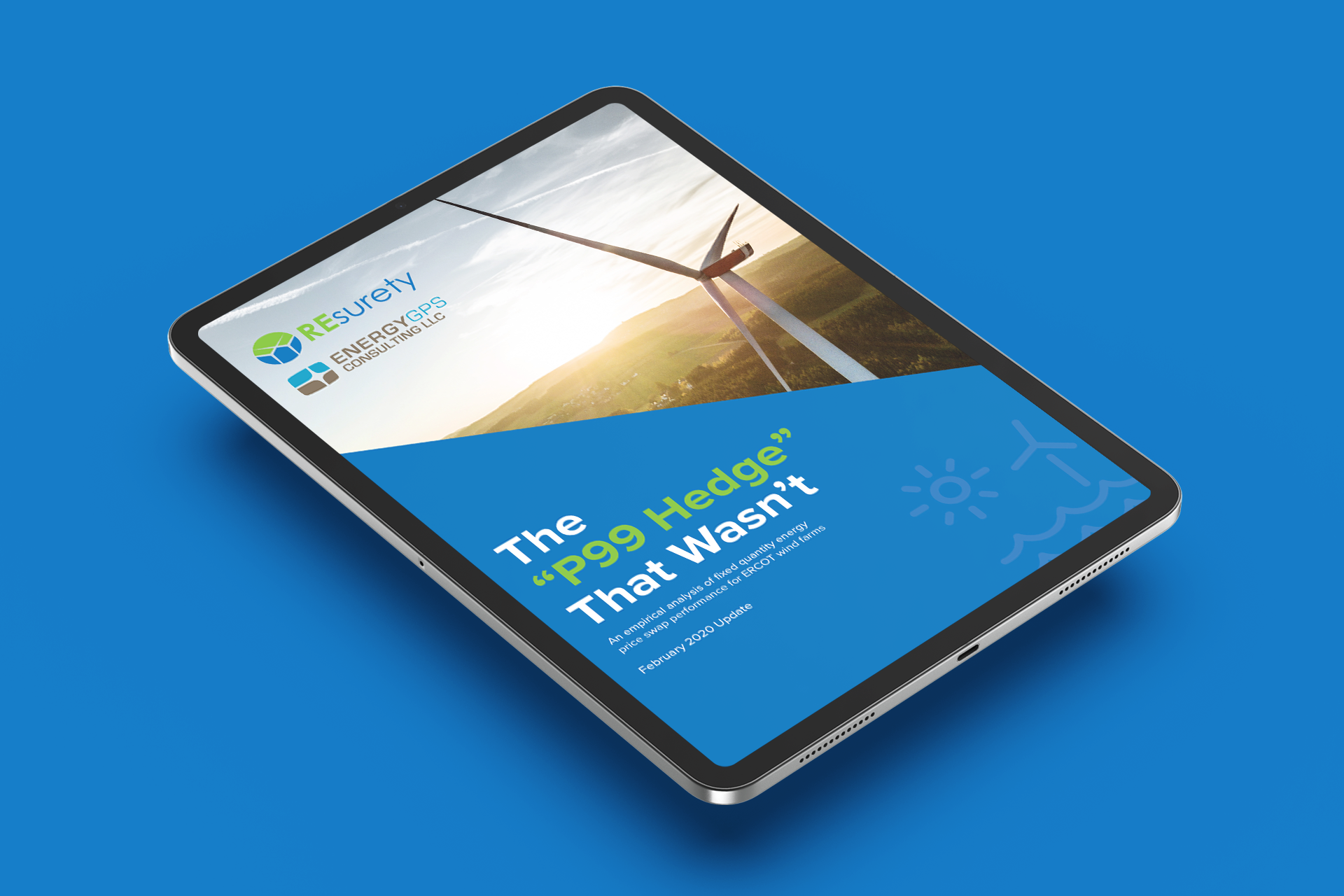 An iPad tablet displaying a cover design of digital white paper for a sustainable energy company.