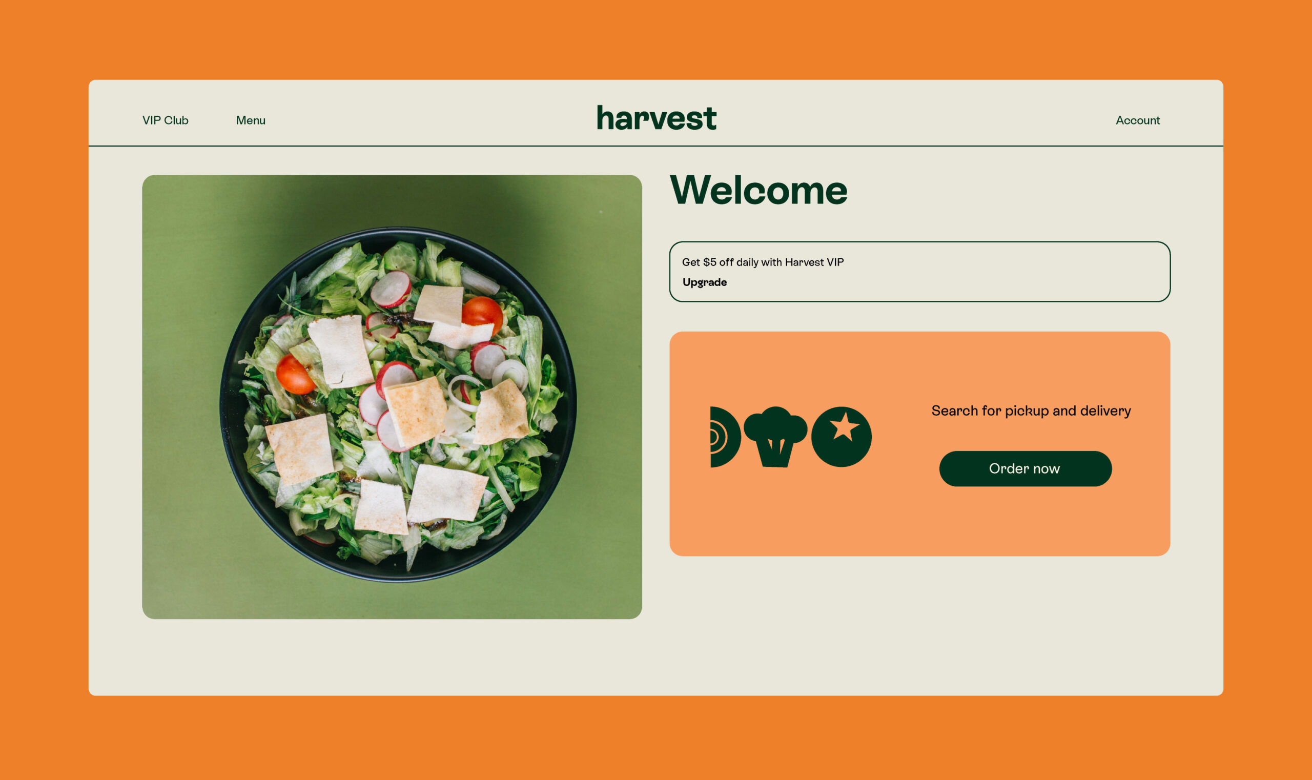 A home page UI screen for an organic salad company.