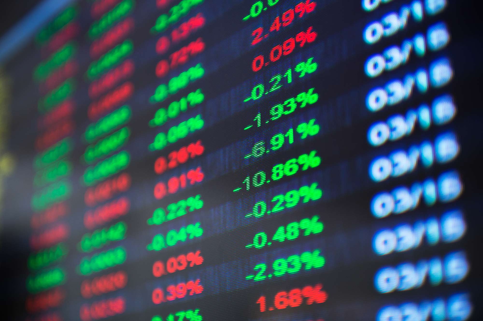 A stock market grid of fluctuating numbers.