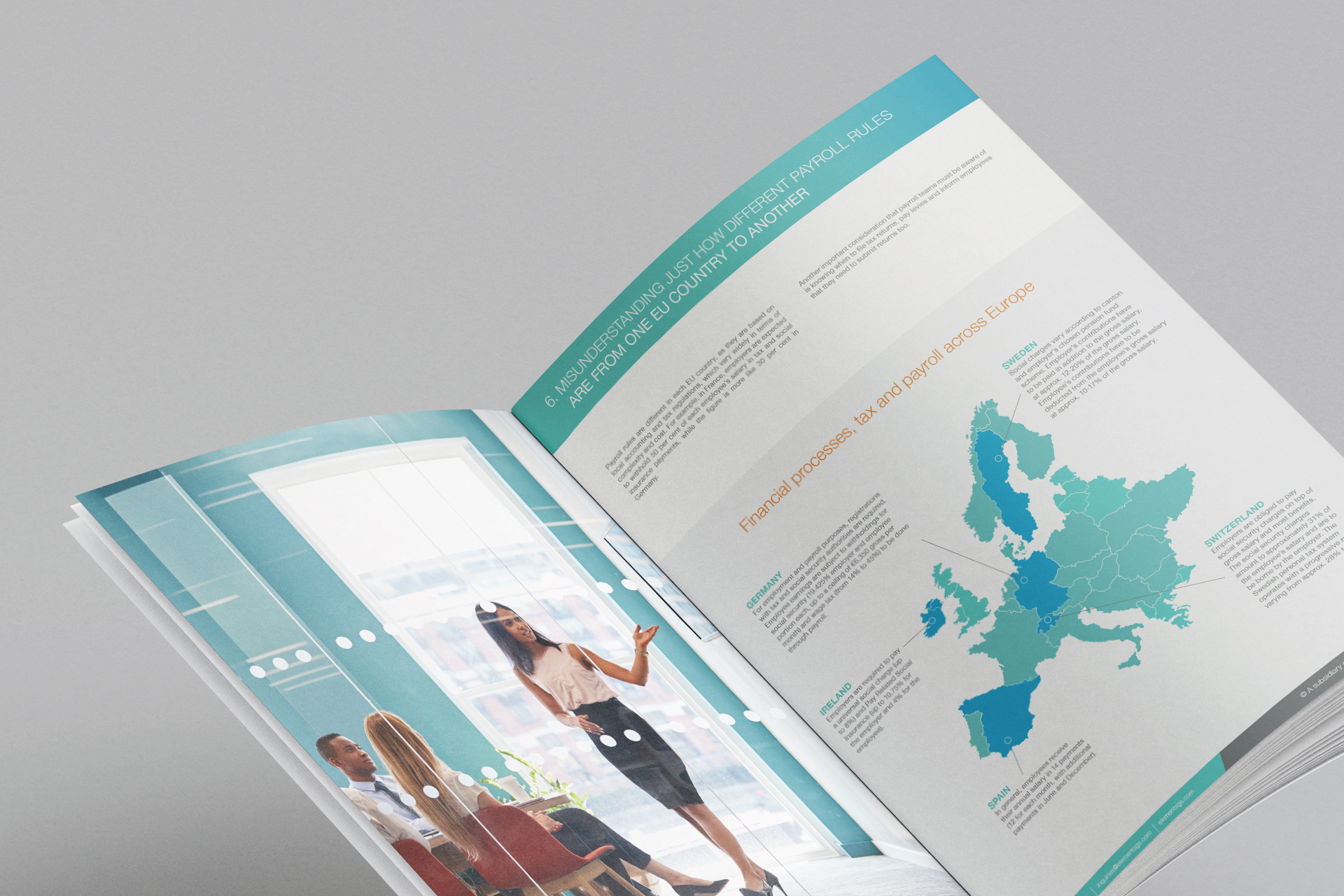 A white paper report open spread for that specializes in global employment solutions.