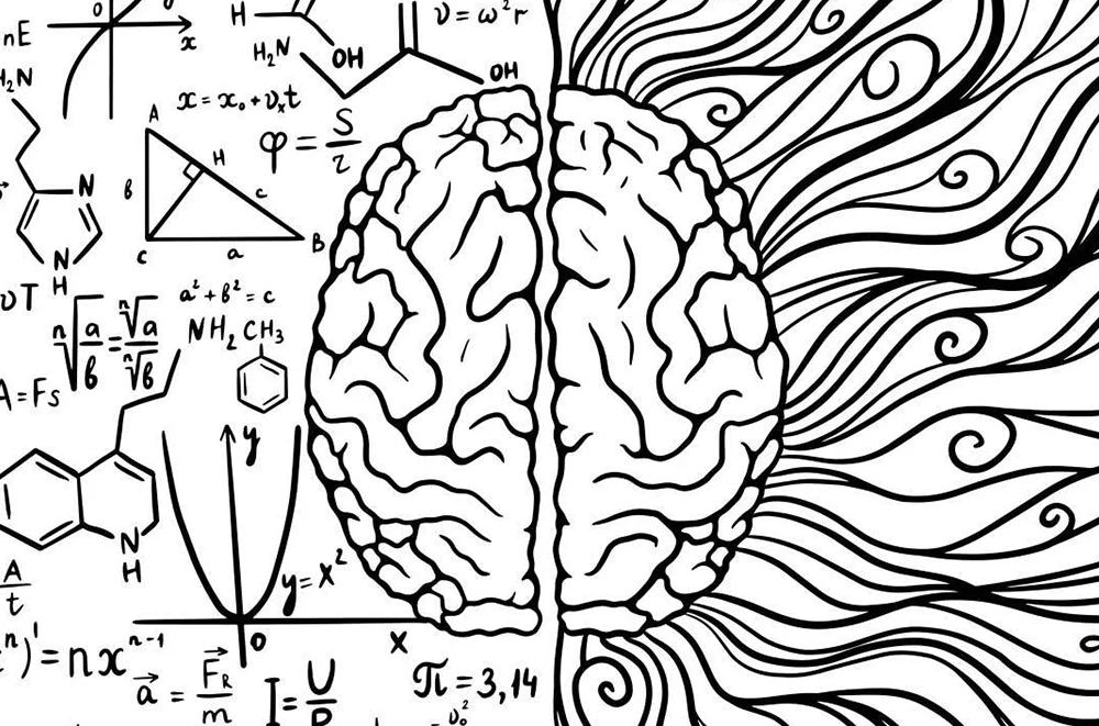 A black and white illustration of a brain and math equations.