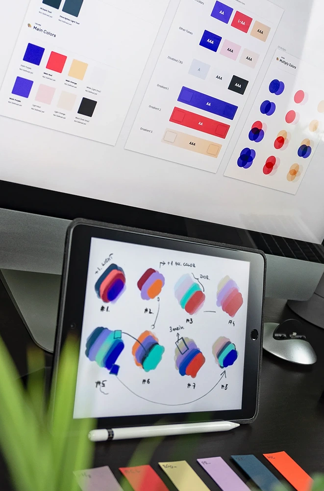 Color palettes design kits displayed on desktop and tablet.