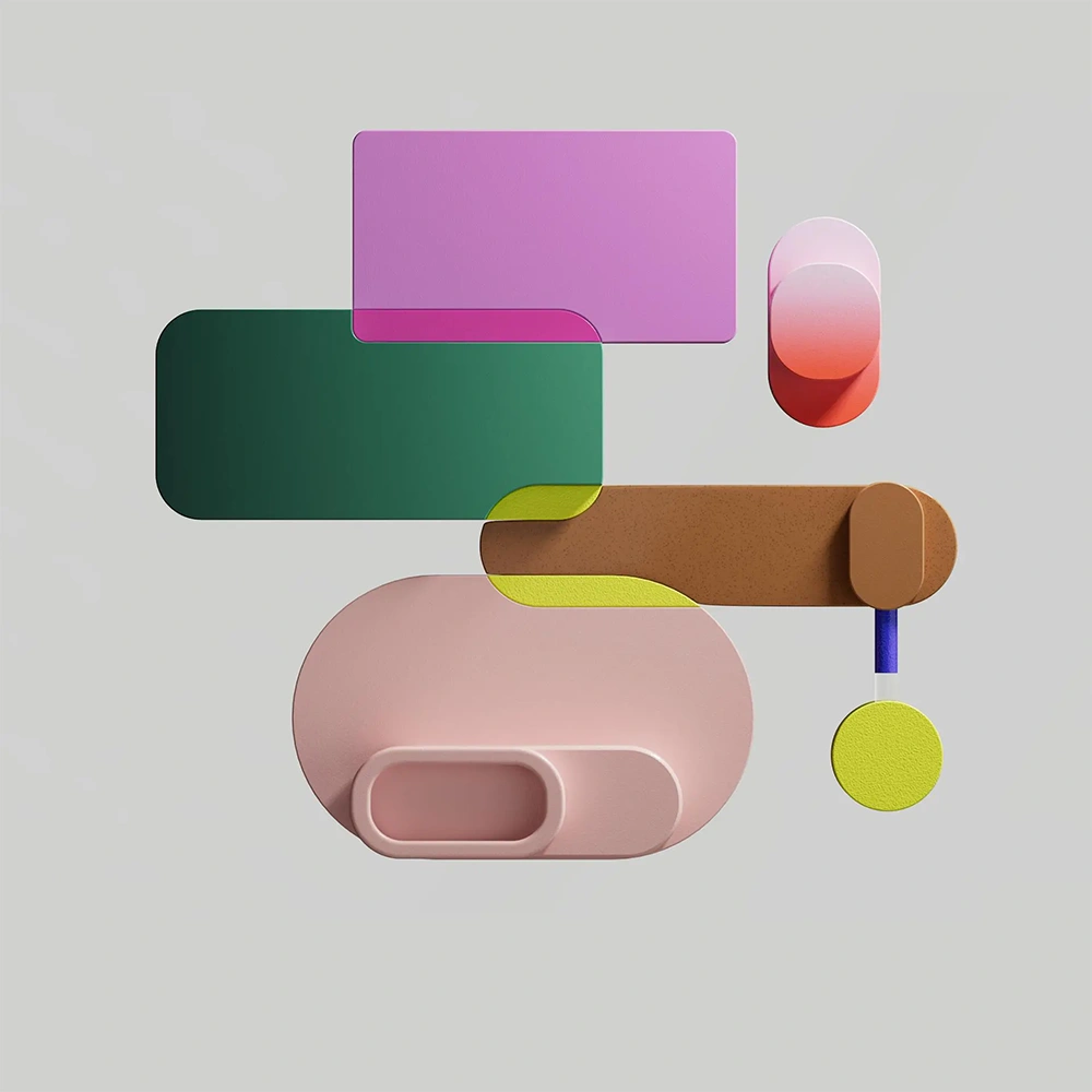 Various graphic shapes in 3D form.