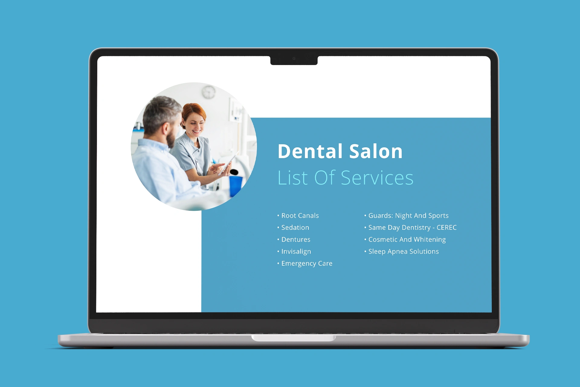 Web design displayed on a laptop for a dental clinic.