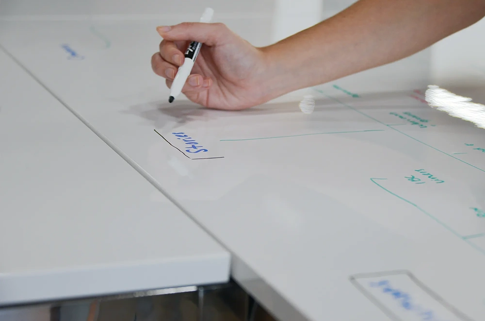 A person writing user pathways on a white board.
