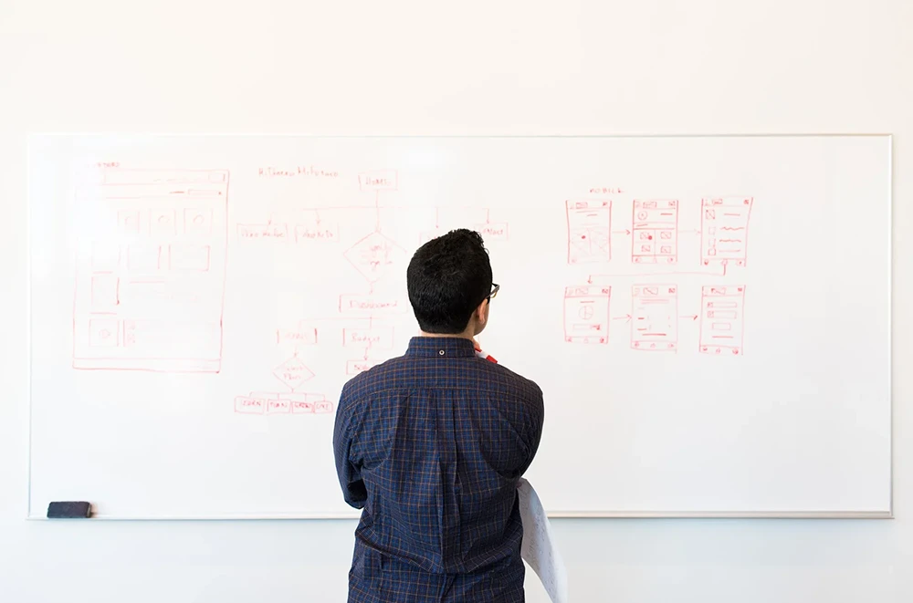 Designer sketching wireframes on a white board.