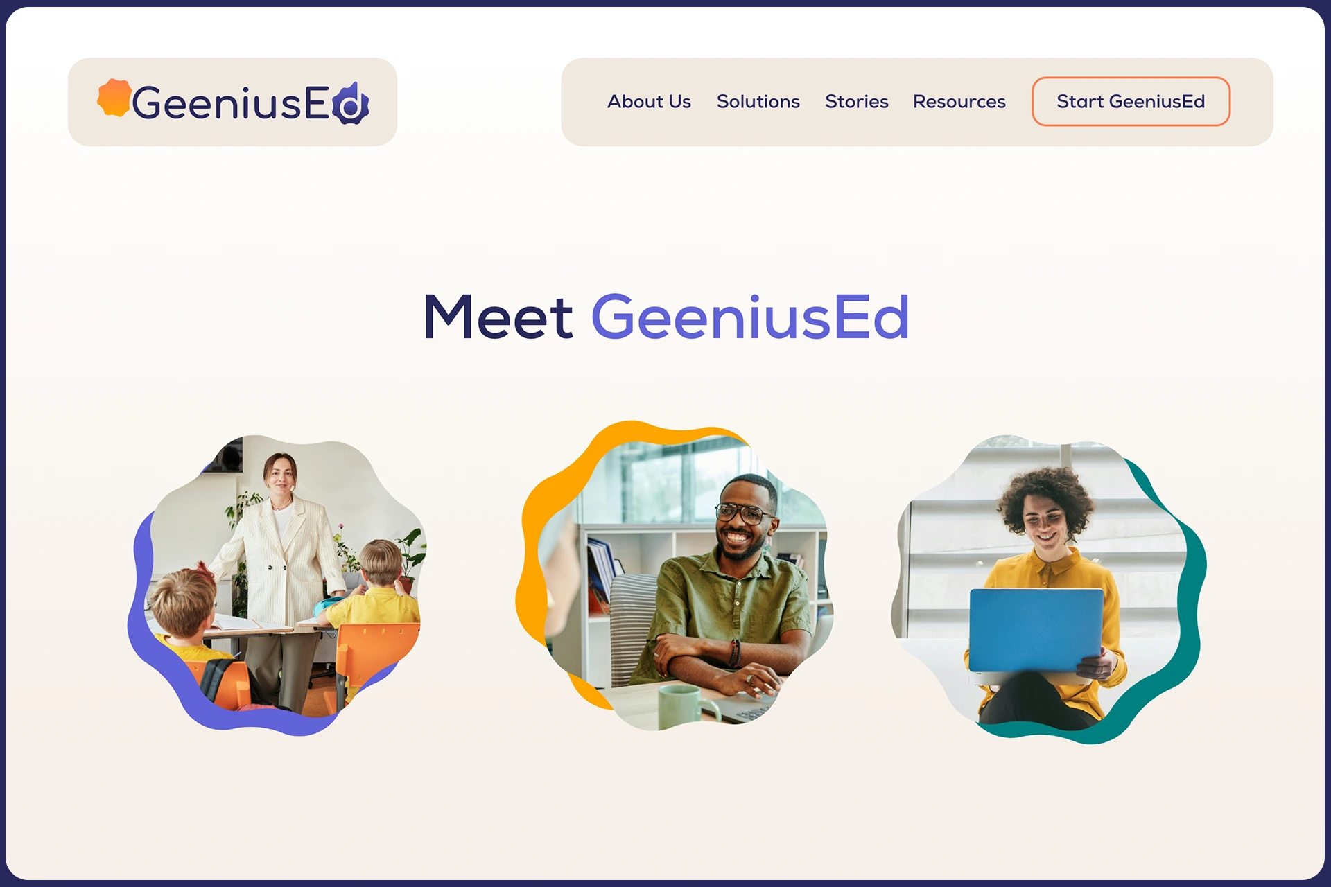 A web design screen showing the About Us page heading section for an ai educational learning company.