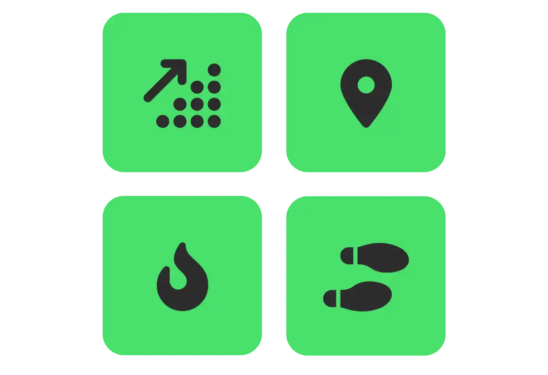 Custom icons in black on green tiles.