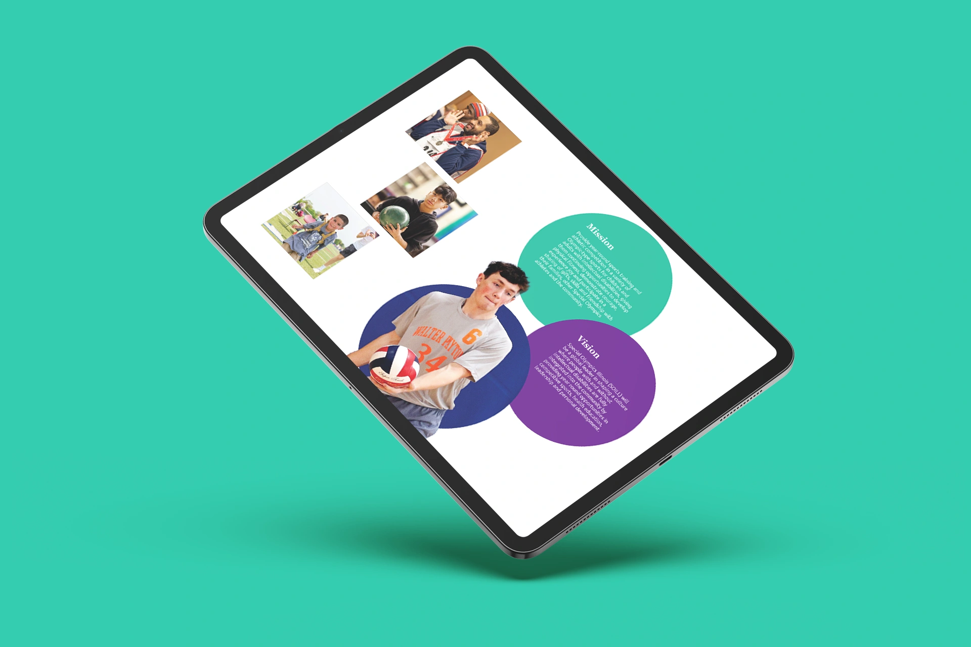 An annual report design displayed on a tablet device and designed for an organization dedicated to empower individuals with disabilities through sports.