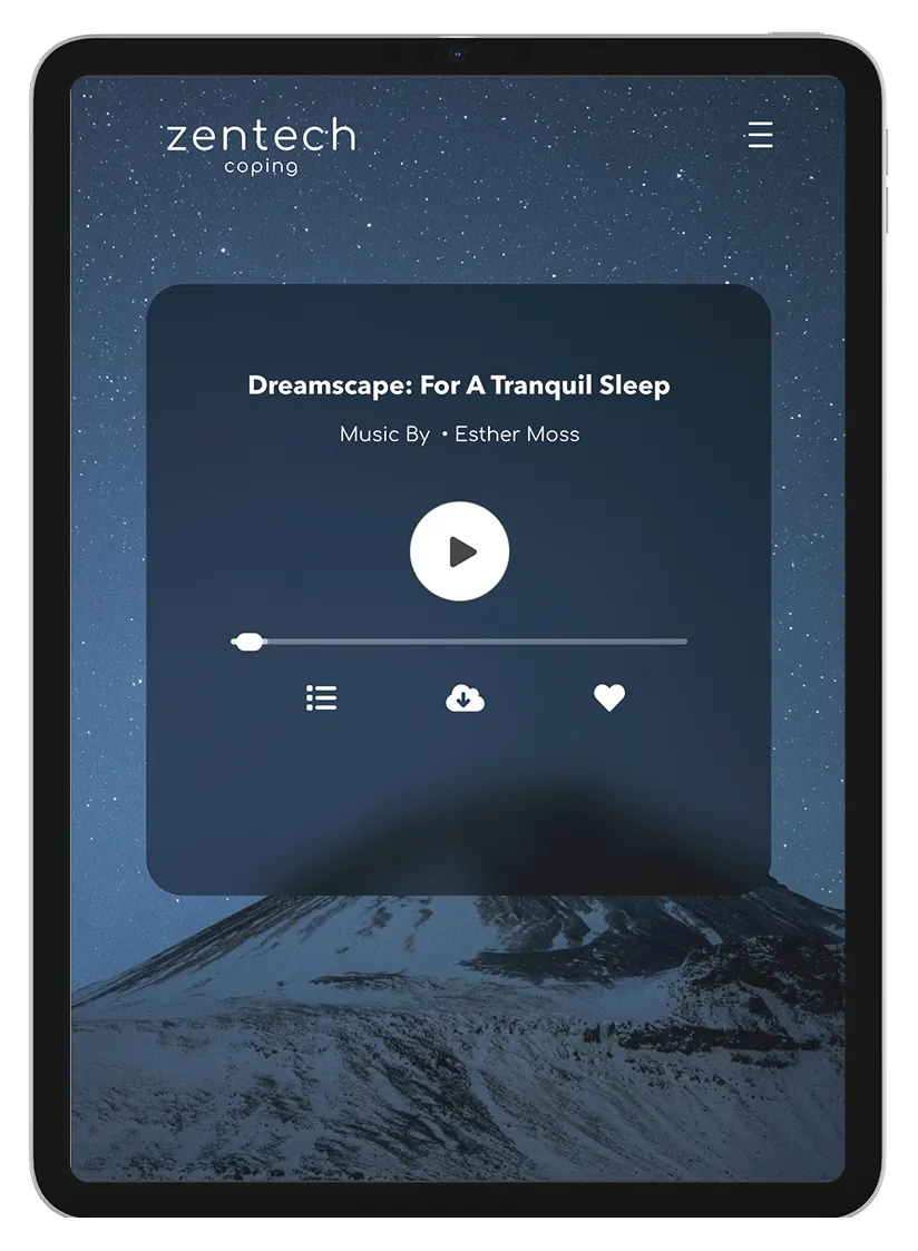 A UI screen featuring an audio player playlist for a tranquil sleep.