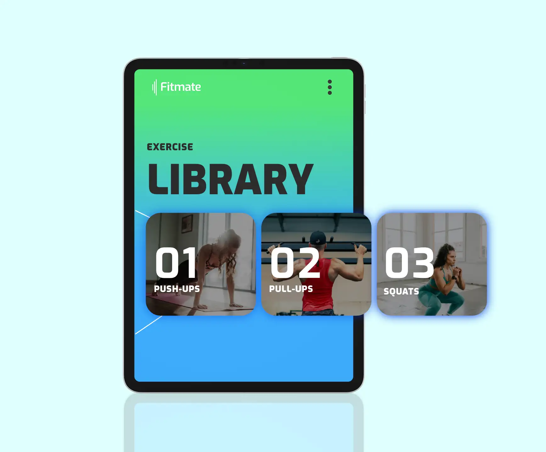 A Exercise Library UX/UI tablet resolution design screen featuring floating tiles.
