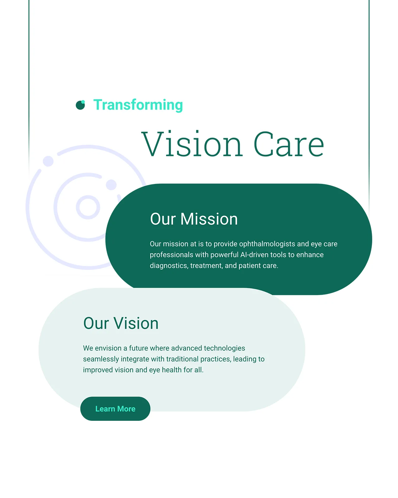 Vision care mission and vision sections on a website.
