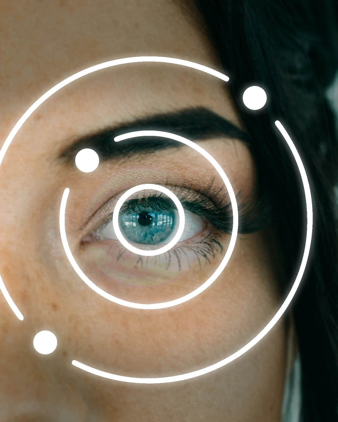 Circles focusing on a persons eye to collect data to us in an eye care artificial intelligence company.