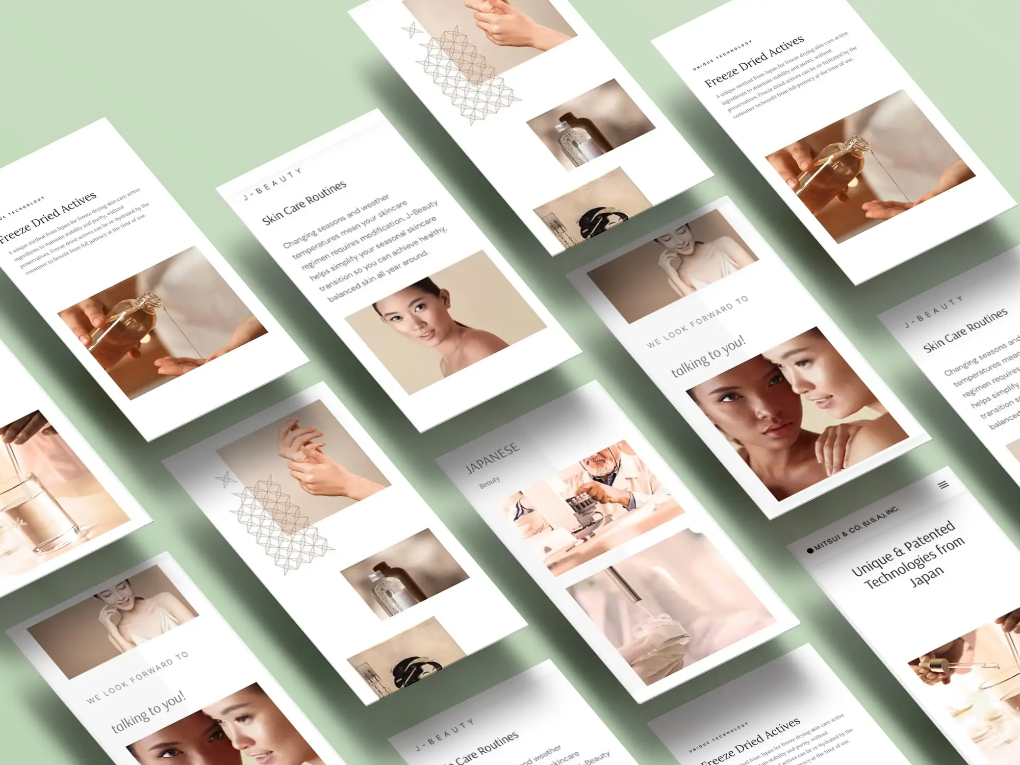 UI UX design mobile floating screens of a Japanese beauty products company.