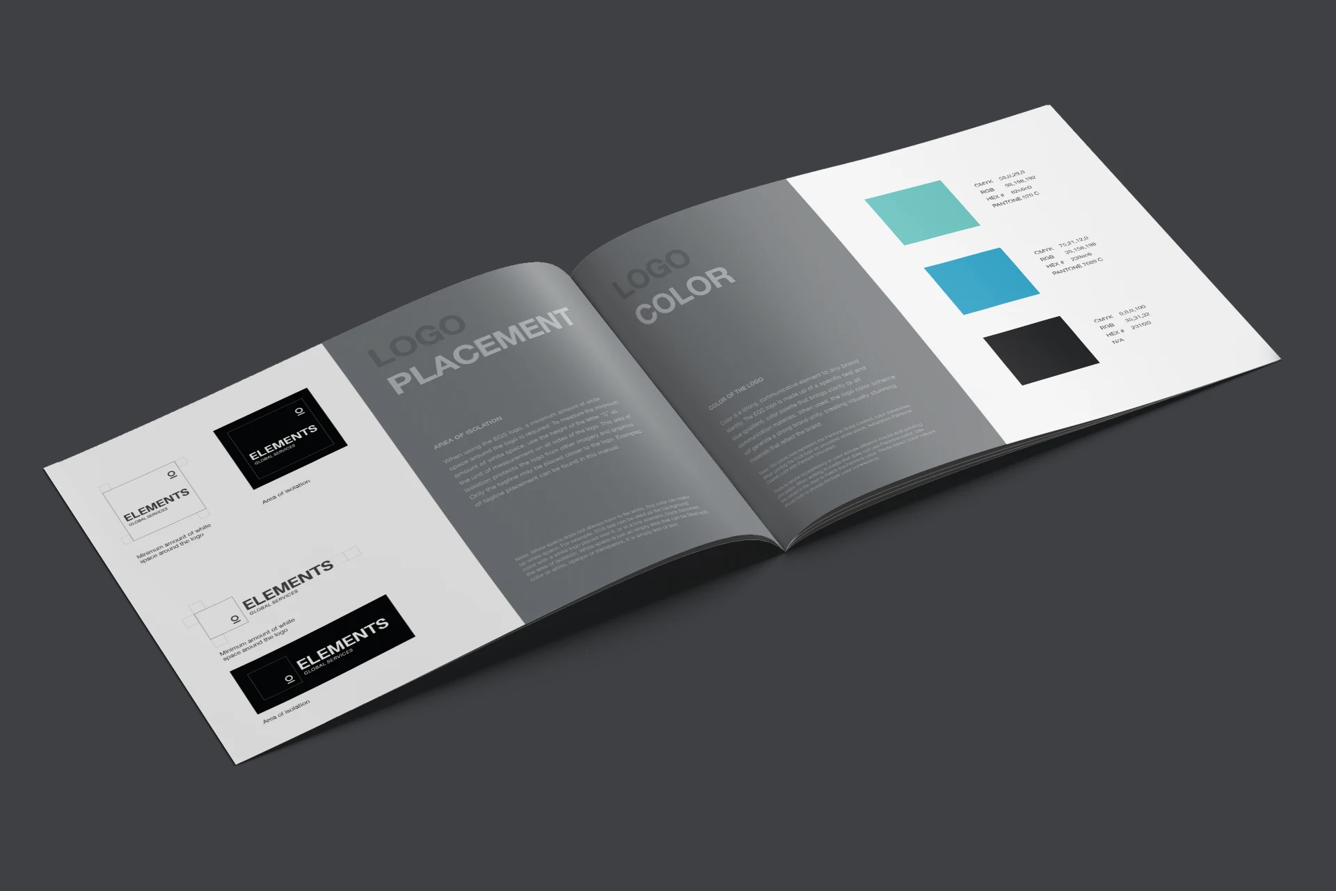 Logo design and color selection pages from a brand manual.