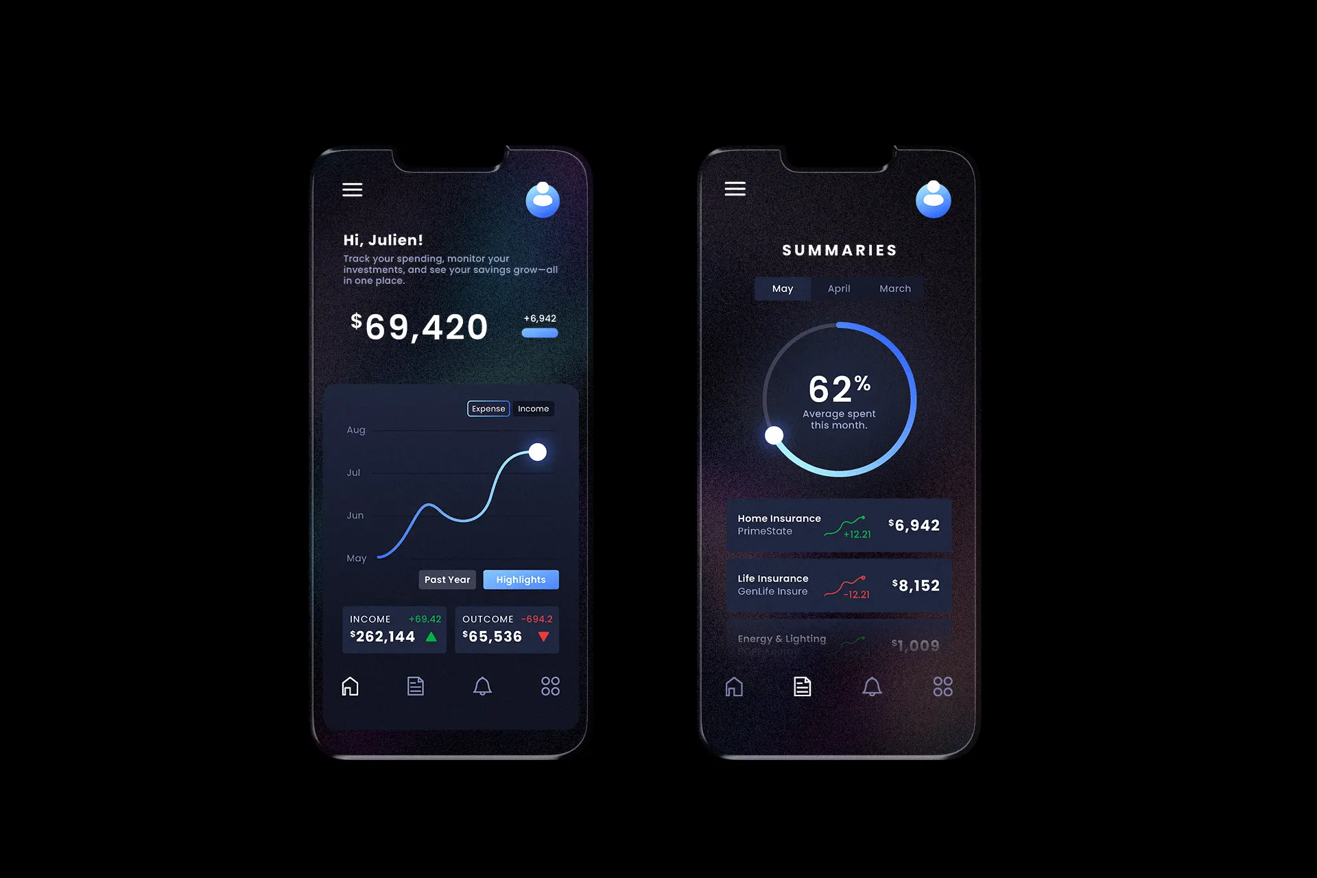 Two mobile UI screen designs showing charts and graphs.
