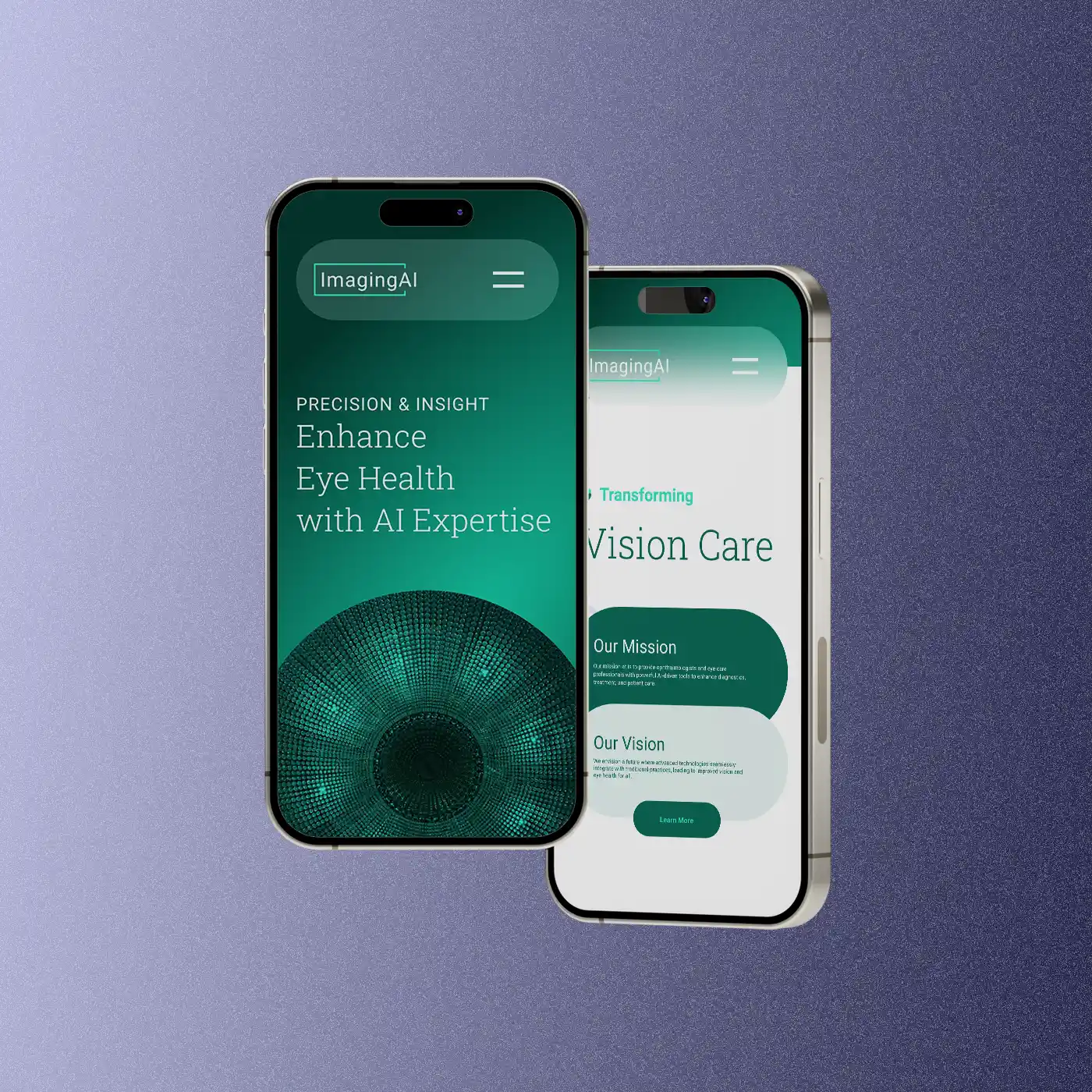 Two mobile screens displaying website of an eye health are in ai technology.