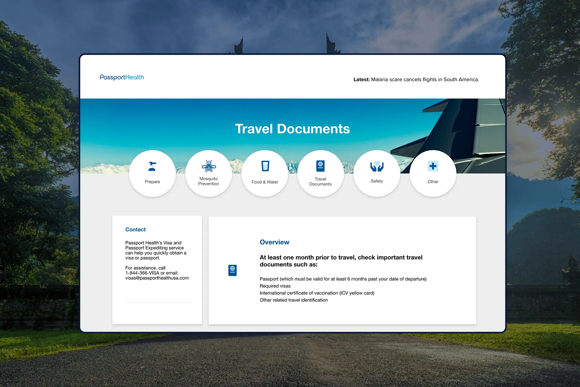 A web design flat UI screen for a company that specializes in providing travel health services.