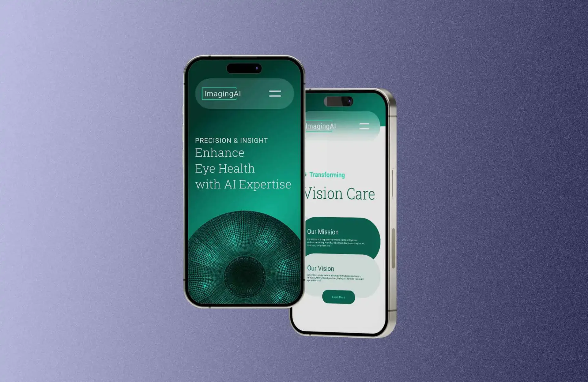 Two mobile screens displaying a website of an eye healthcare company in ai technology.