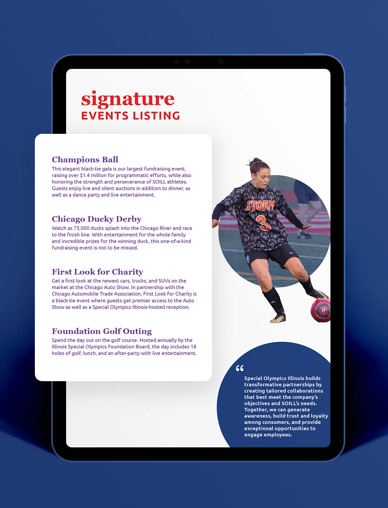 A annual report design shown on a tablet device.